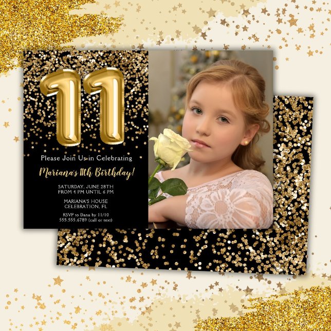 Photo Black Gold Kids Girl 11th Birthday Party Invitation (Creator Uploaded)