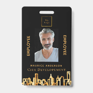 Photo black gold logo city skyline employee badge