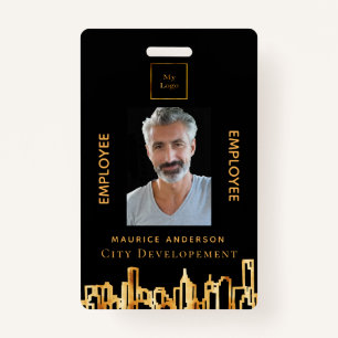 Photo black gold logo city skyline employee badge