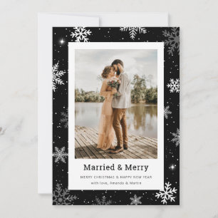 Photo Black Married and Merry Snowflake Photo Holiday Card
