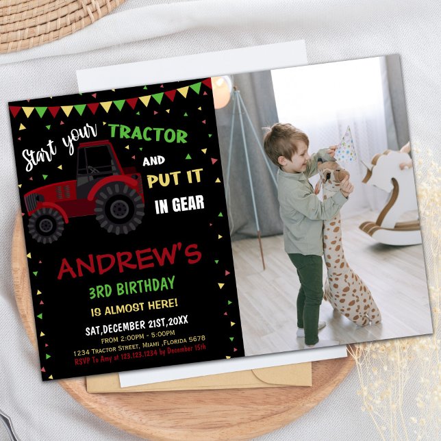 Photo Black Red Tracteur Invitations Anniversaire (Photo Black Red Tractor Birthday Invitations)