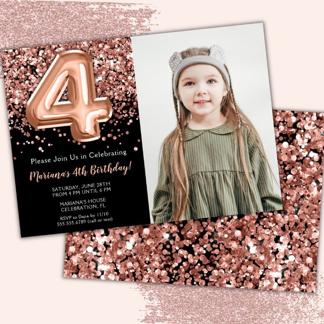 Photo Black Rose Gold Glitter 4th Birthday Invitation (Creator Uploaded)