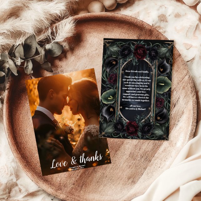 Photo Black Roses Floral Gothic Halloween Wedding Thank You Card (Creator Uploaded)