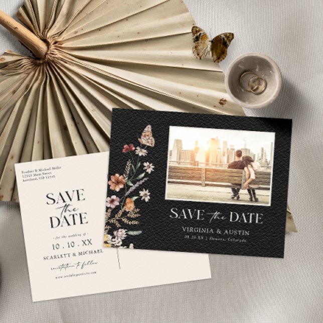 Photo Black Save The Date Postcard (Photo Black Boho Floral Save The Date Postcard with Butterfly by Painted Paperie
)