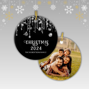 Photo Black String Lights Christmas Party Ceramic Ornament