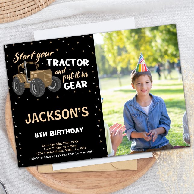 Photo Black Tracteur Brown Invitations Anniversair (Photo Black Brown Tractor Birthday Invitations)