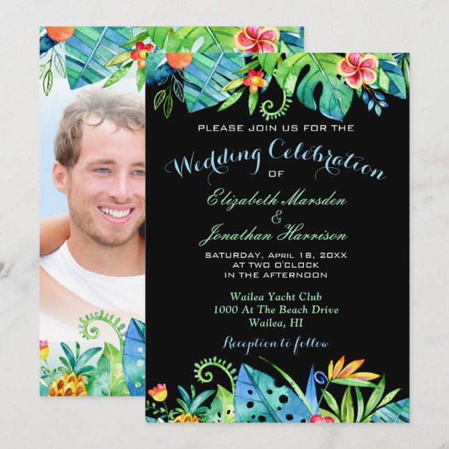 Photo Black Tropical Watercolor Floral Wedding Invitation (Front/Back)