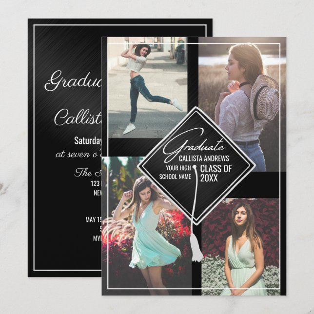Photo Black White Cap and Tassel Framed Graduation Invitation (Front/Back)