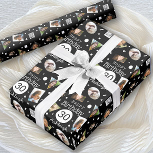Photo Black White Confetti Name 30th Birthday  Wrapping Paper
