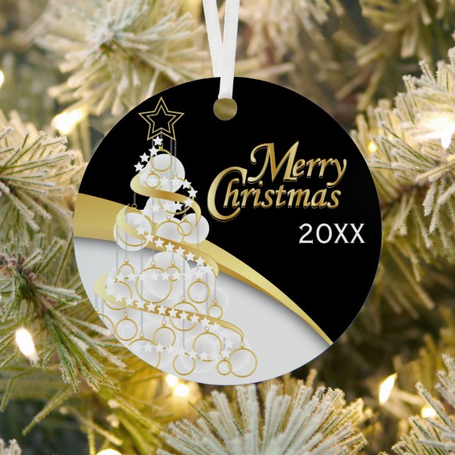 Photo - Black, White & Gold Christmas | Customize Metal Ornament (Insitu)