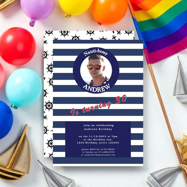 Photo Bleu Nautique rayée Invitation Anniversaire (Créateur téléchargé)