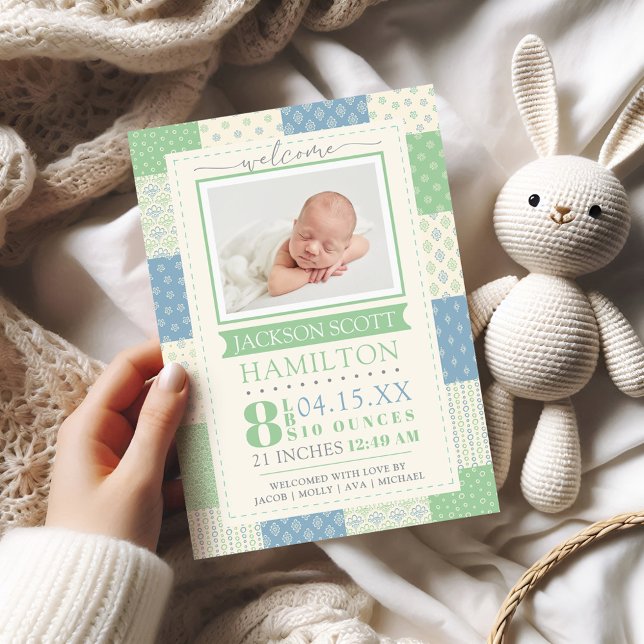 Photo Blue and Green Birth Announcement  (Photo Blue and Green Quilt Birth Announcement)