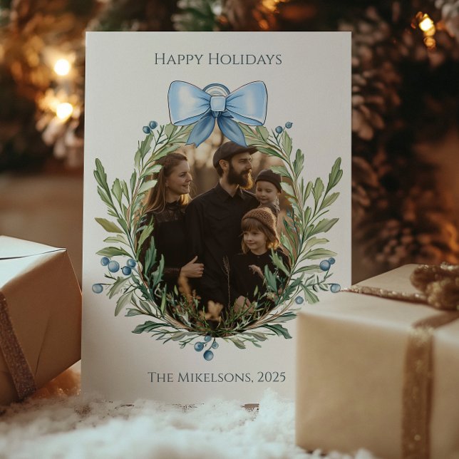 Photo Blue Bow Botanical Family Christmas Holiday Card (Creator Uploaded)