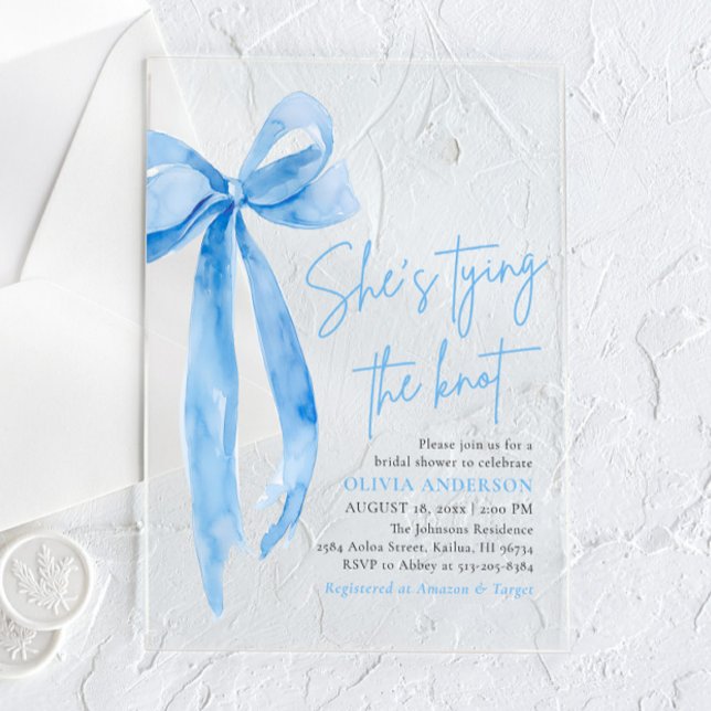 Photo Blue Bow She's Tying the Knot Bridal Shower Acrylic Invitations (Creator Uploaded)