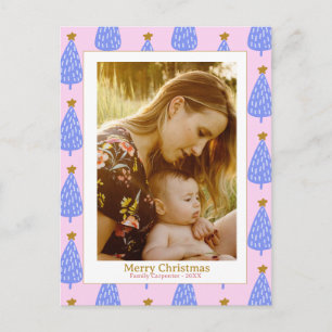 Photo blue christmas tree pink modern cute holiday postcard