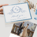 Photo, Blue Classic Monogram, Watercolor Wedding Thank You Card<br><div class="desc">Thank your guests with a elegant custom wedding thank you card! Design with delicate blue watercolor frame, beautiful blue hand drawn botanical monogram with couples initials, elegant thank you phrase and text section to personalize it as you wish in both front and back. Ability to personalize front and back with...</div>