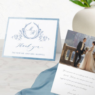 Photo, Blue Classic Monogram, Watercolor Wedding Thank You Card