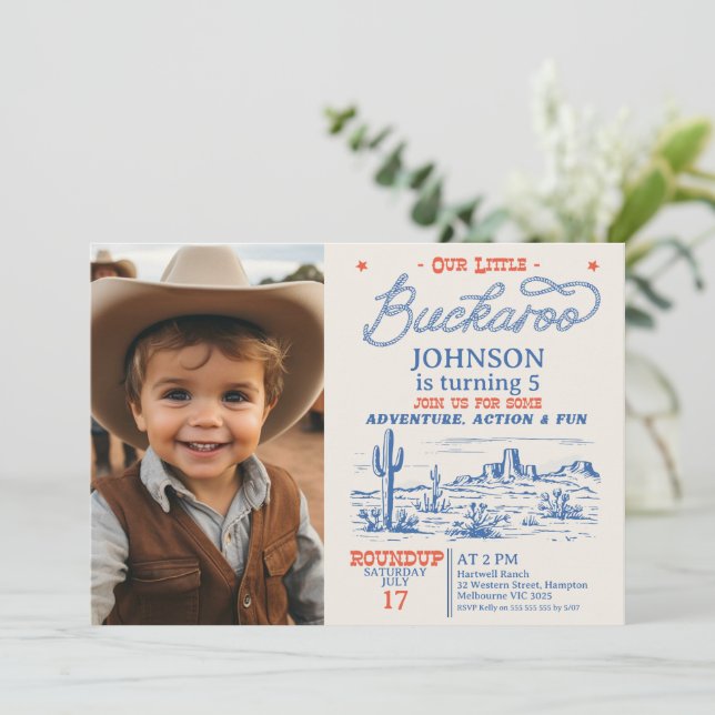 Photo Blue Cowboy Little Buckaroo Birthday  Invitation (Standing Front)