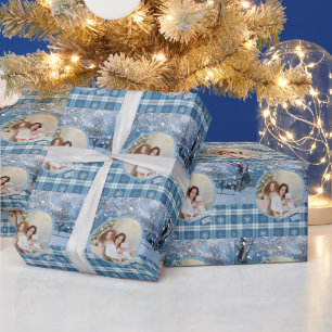 Photo Blue Cozy Plaid Winter Christmas Wrapping Paper