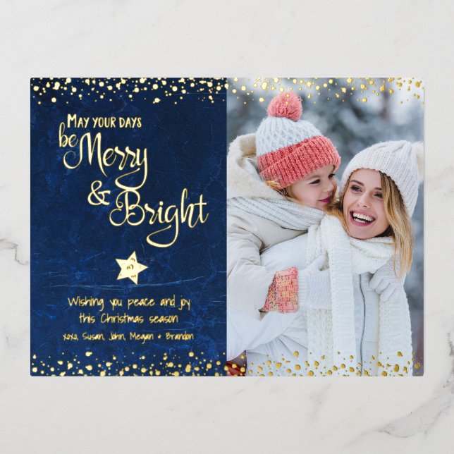 Photo Blue Days Be Merry Bright Script Real Gold Foil Holiday Postcard (Front)