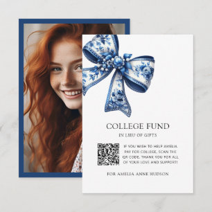 Photo Blue Floral Bow QR Code College Fund  Enclosure Card