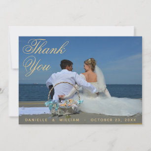 Photo Blue Gold Elegant Script Calligraphy Wedding Thank You Card