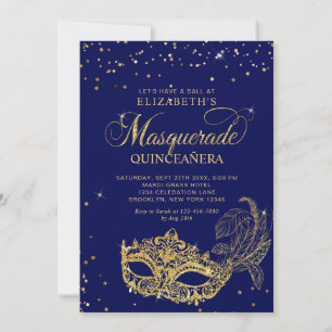 Photo Blue Gold Glitter Masquerade Quinceañera Invitation