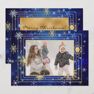 Photo Blue Gold Snowflake Xmas Christmas Holiday Card