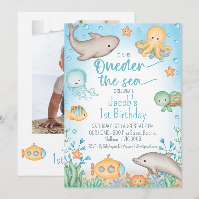 Photo Blue Ocean Oneder The Sea 1st Birthday Invitation (Front/Back)