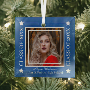 Photo Blue Silver Class Year Graduation Glass Ornament