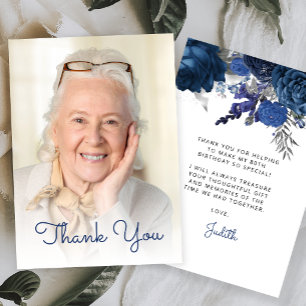 Photo Blue Silver Floral 80th Birthday Party Thank You Card