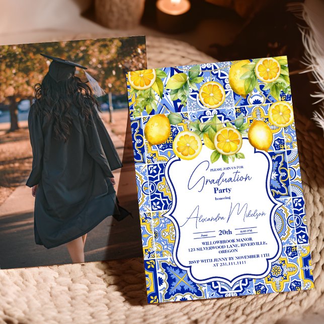 Photo Blue tiles Lemons Graduation Invitation (Creator Uploaded)