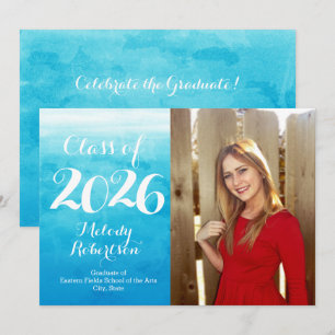 Photo Blue Watercolor Class of 2019 Graduation Invitation