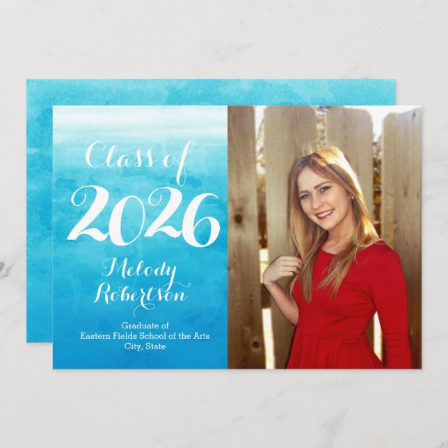 Photo Blue Watercolor Class of 2019 Graduation Invitation (Front/Back)