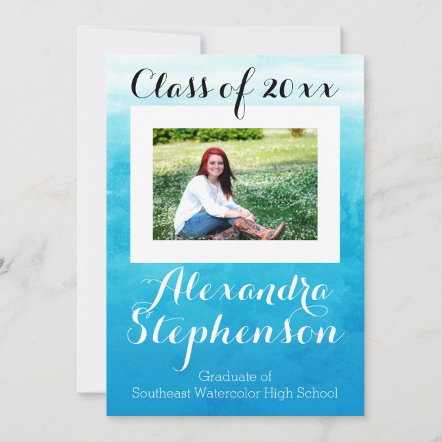 Photo Blue Watercolor High School Graduation/Party Invitation (Front)