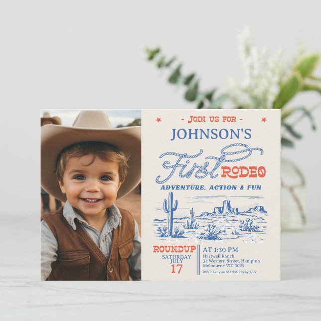 Photo Blue Western Desert Rodeo 1st Birthday Invitation (Standing Front)