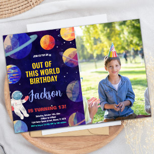 Photo Blue Yellow Outer Space Birthday Invitations