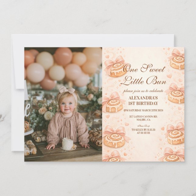 Photo Blush Cinnamon Bow Little Bun 1st Birthday Invitation (Front)