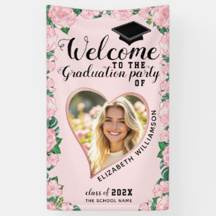 Photo Blush Pink Floral Girly Graduation Welcome Banner