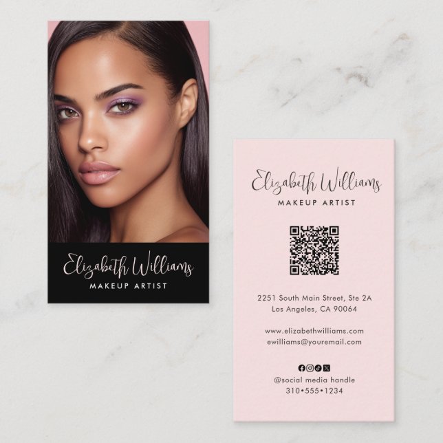 Photo Blush Pink Script Black Social Icon QR Code Business Card (Front/Back)