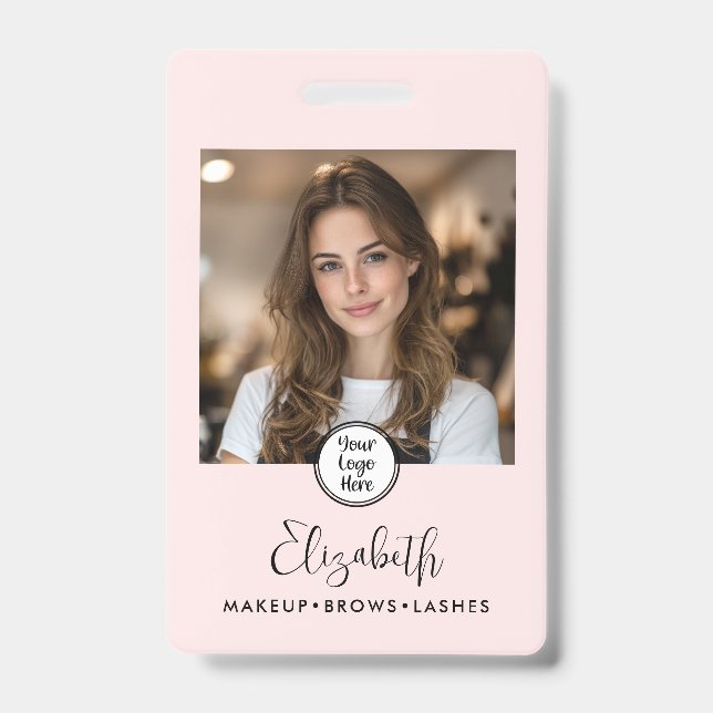 Photo Blush Pink Script Your Logo Here Makeup ID Badge (Front)