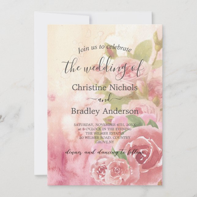  Photo Blush Rose Botanical QR Code Wedding Invitation (Front)