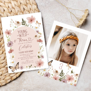 Photo Blush Wildflower Young Wild Three Birthday  Invitation
