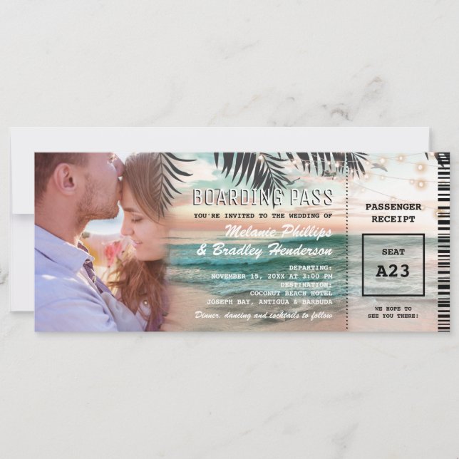 Photo Boarding Pass Tropical Beach Wedding Invitation (Front)