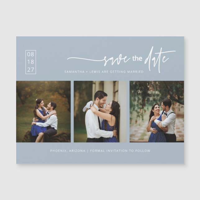 Photo Boho bleu Dusty Enregistrer la date Carte ma (Devant)