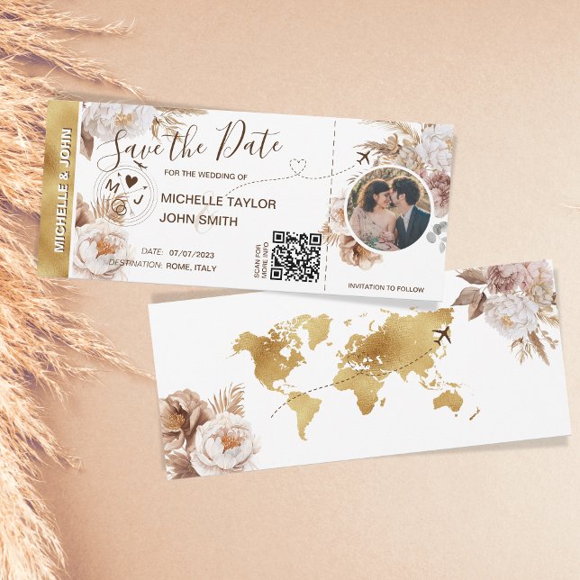 Photo Boho Enregistrer la date Carte d'embarquemen (boho pampas grass gold world map)
