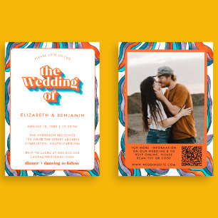 Photo Boho Groovy Retro Blue QR Code Wavy Wedding Invitation
