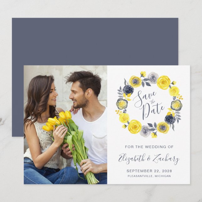 Photo Boho Yellow Grey Floral Wreath Save the Date Invitation (Front/Back)