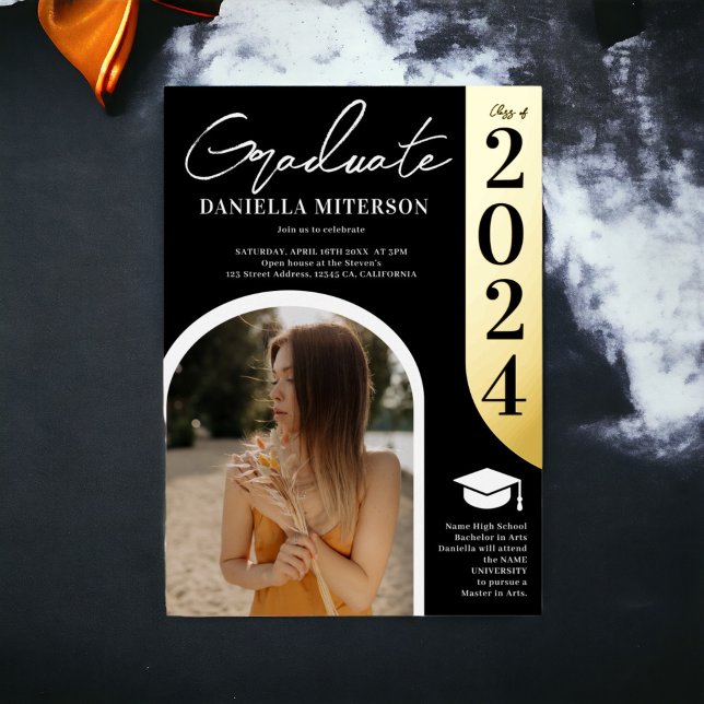 Photo bold 2024 gold arch black graduation (Photo bold 2024 gold arch black graduation foil invitation)