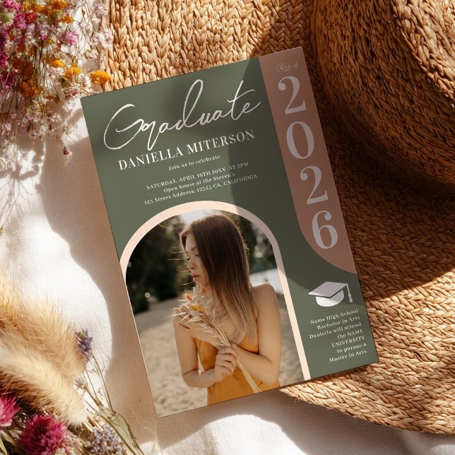 Photo bold 2026 arch green pink graduation invitation (Photo bold 2026 arch green pink graduation invitation)